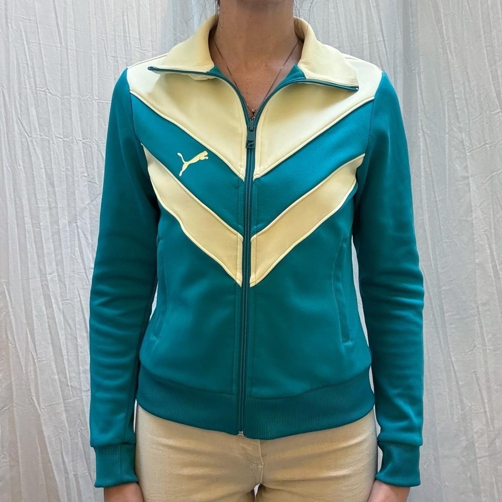 Puma Teal and Yellow Cream Chevron Track Jacket Full Zip Vintage Y2K Small